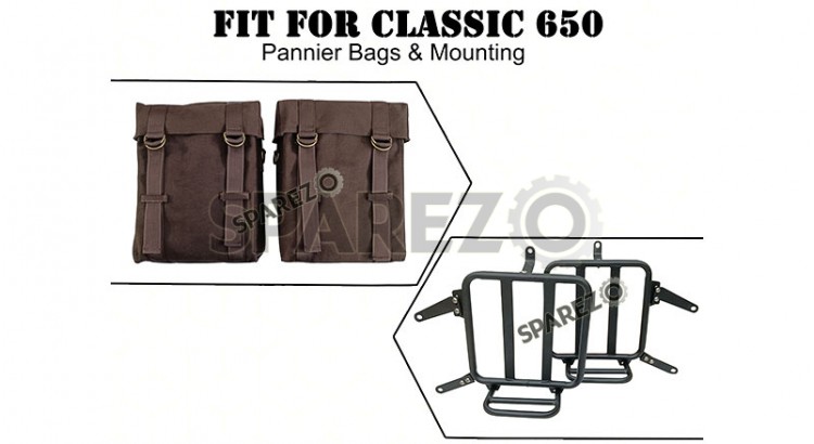 For Royal Enfield Classic 650 Military Pannier Bags Coffee Brown With Mounting - SPAREZO